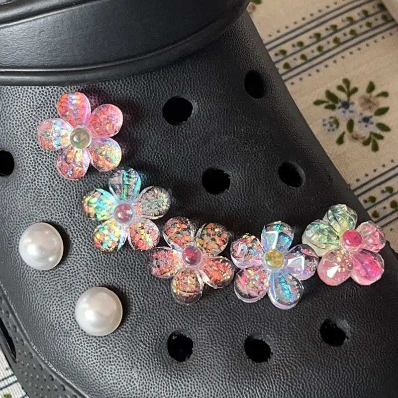 Glanzende schattige bloemen parel schoenbedels voor Crocs gradiënt DIY decoraties pantoffelaccessoires klompen pinnen tuinsandalen meisje