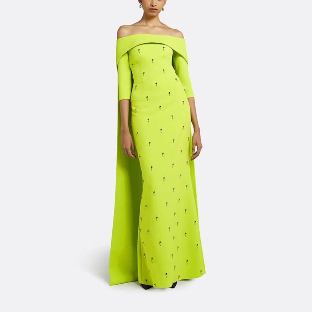 

Вечернее платье с открытыми плечами, индивидуальное вечернее платье из джерси с кристаллами и русалкой, с короткими рукавами, длиной до пола, женские вечерние платья