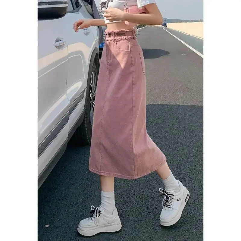 

2023 Summer Korean Version Women Middle Dress Pink Spring Pockets Soft Slit Slim Buttock Covering