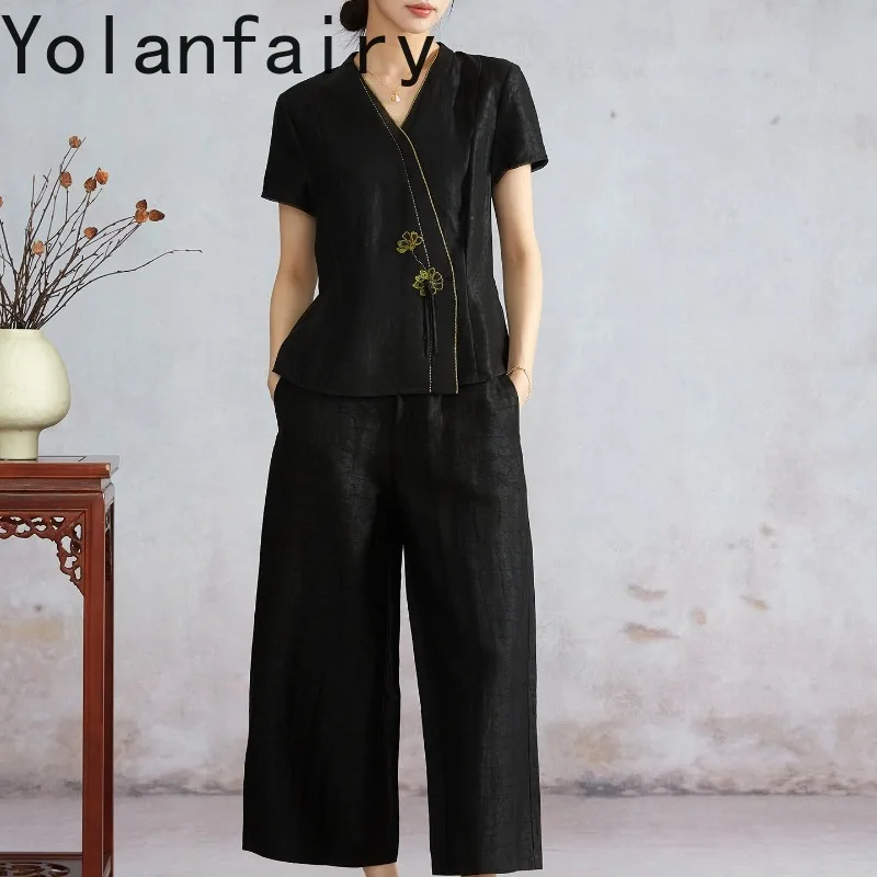 YOLANFAIRY 100% Natural Mulberry Silk Shirts for WomenTortoise Crack Gambiered Silk Top V-Neck Short Sleeve 3D Embroidery Blouse