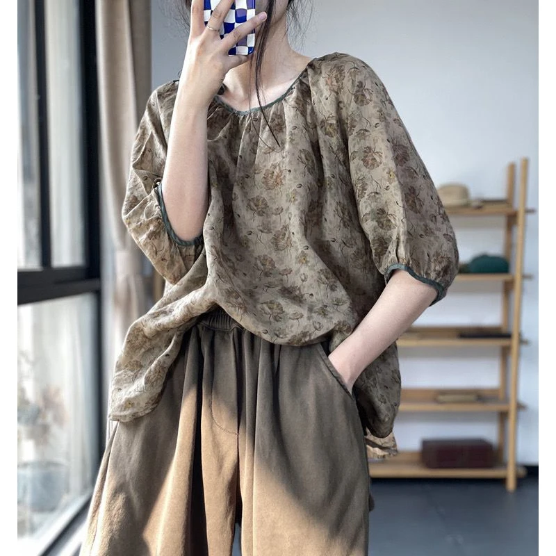 Women's Vintage Floral Print Lace Up Linen Blouse Summer Trendy Casual Streetwear Half Sleeve Loose Shirt Y2K Tops Blusas Mujer