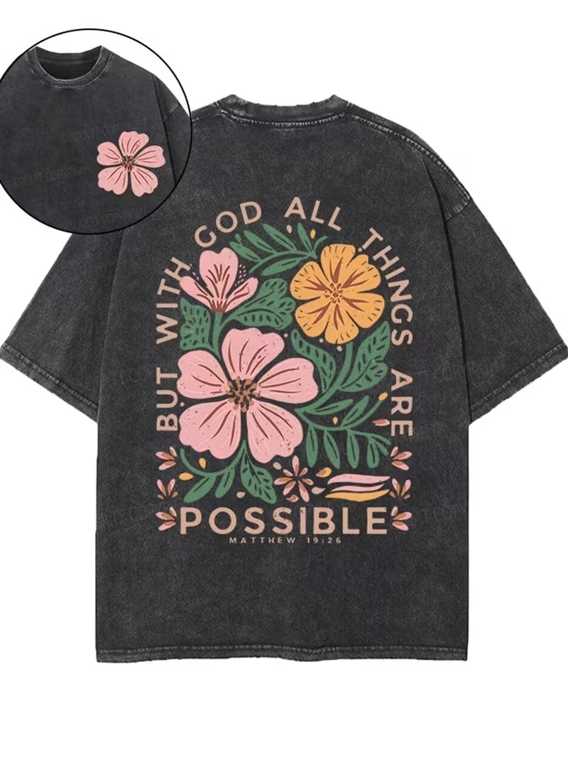 Jesus Grows Flowers In Dark Places Floral Graphic T-Shirt, Relaxed Fit Retro Washed Short Sleeve Tee For Everyday Street Looks