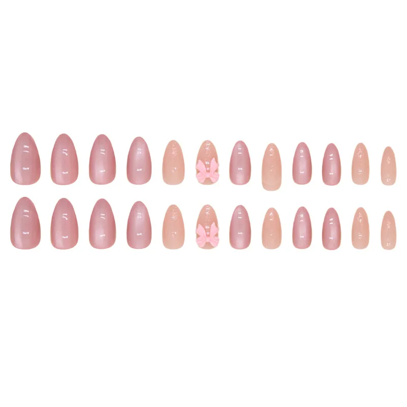 24pcs Korean Sweet False Nails Pink Bow Design Glossy Press on Nails Wearable Detachable Almond Fake Nail Tips For Girls Lady