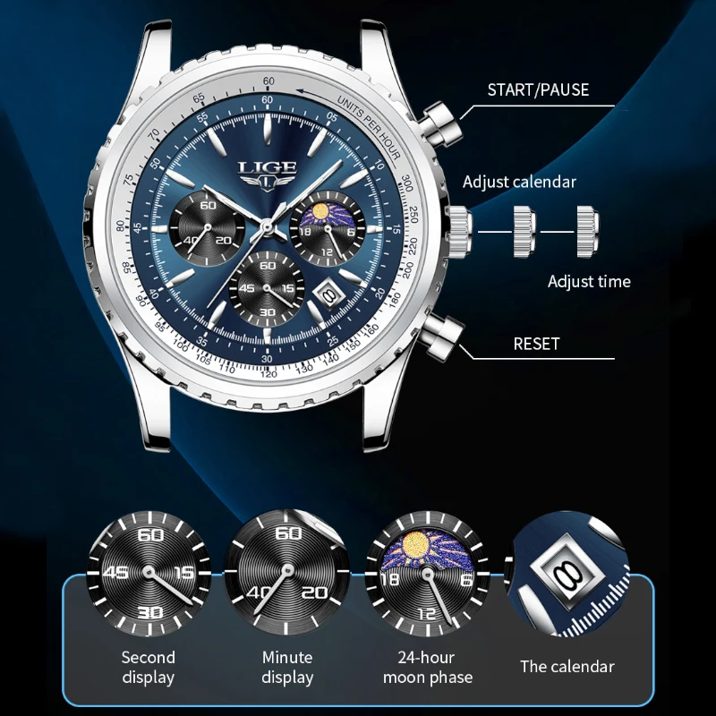 LIGE Brand Luxury Quartz Man Watch Moon Phase Stainless Watches for Men Casual Sports Waterproof Date Extraordinary Wristwatches