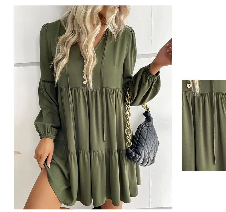 Women Mini Skirts 2023 Summer New Elegant Sexy V-Neck Long Sleeve Dresses Fashion Party Solid Colour Loose Ruffles Ladies Dress