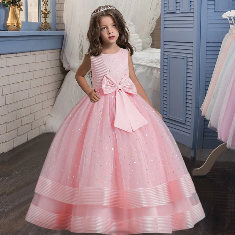 2023 summer girls princess dress pattern tail small dress children bow tie neckline evening dress short-sleeved satin tutu skirt