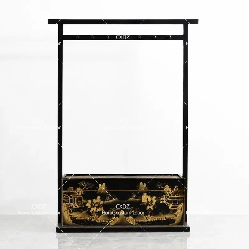 New Chinese Style Gold Painted Hanging Wardrobe Coat Rack Solid Wood Cabinet Antique Classical Furniture