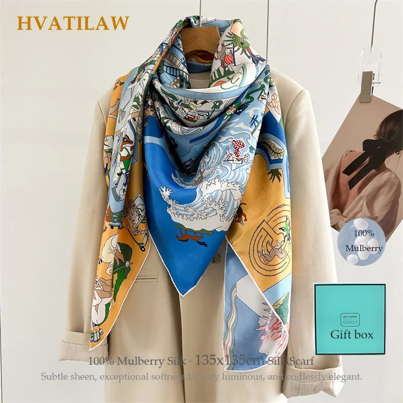 

100% Pure Mulberry Silk Scarf Ladies 135*135cm Large Square Shawl Luxury Horse Print Elegant Silk Wrap Scarves Bandana Gift Box