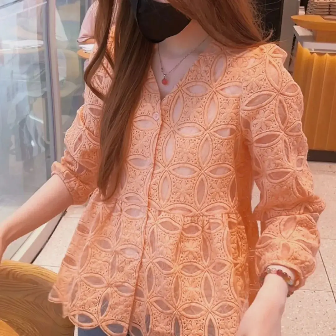 Femmes dentelle broderie irt Long Sve minceur ventre couvrant Faionable à la mode Anti-âge automne nouveau Sle décontracté ample...