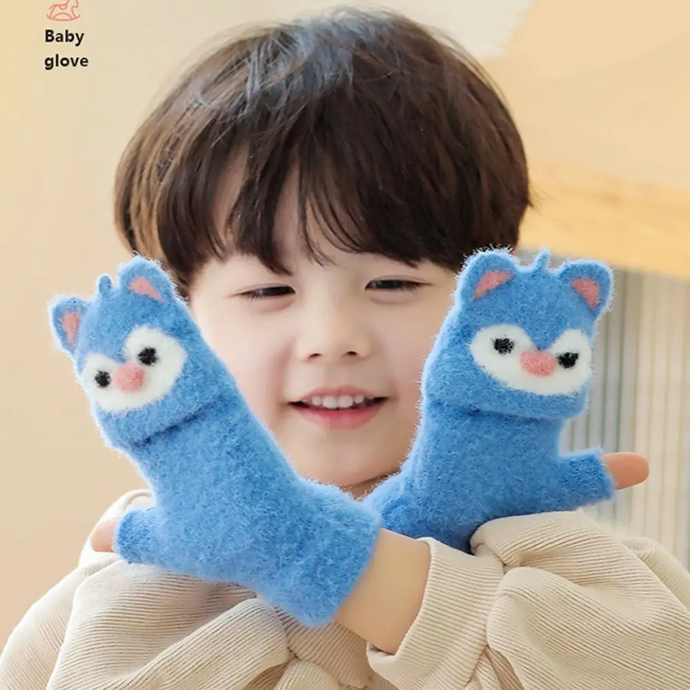 

Thick Cute Children Plush Cat Ear Fingerless Children Gloves Half Finger Gloves Flip Cover Gloves Korean Knitted Mittens