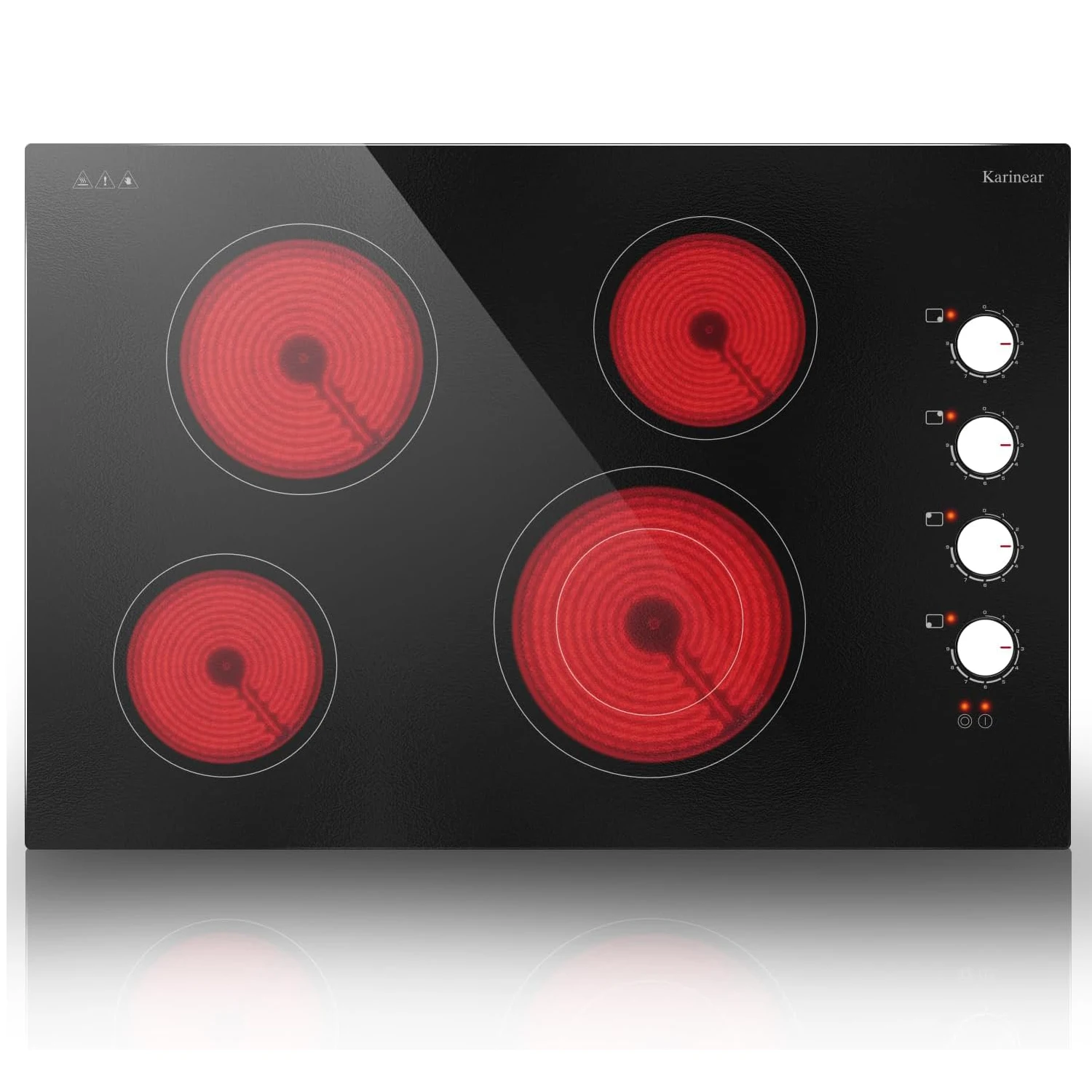 Karinear Electric Ceramic Cooktop 30 Inch, 4 Burners with Knobs Control, Built-in 6700W, 220~240V Hard Wire(White Knob)