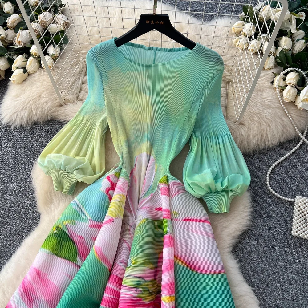 Miyake Pleated Print Dresses 2026 Summer New Round Neck Lantern Sleeve A-Line Flower Bud Dress Elegant Stretch Women's Clothing