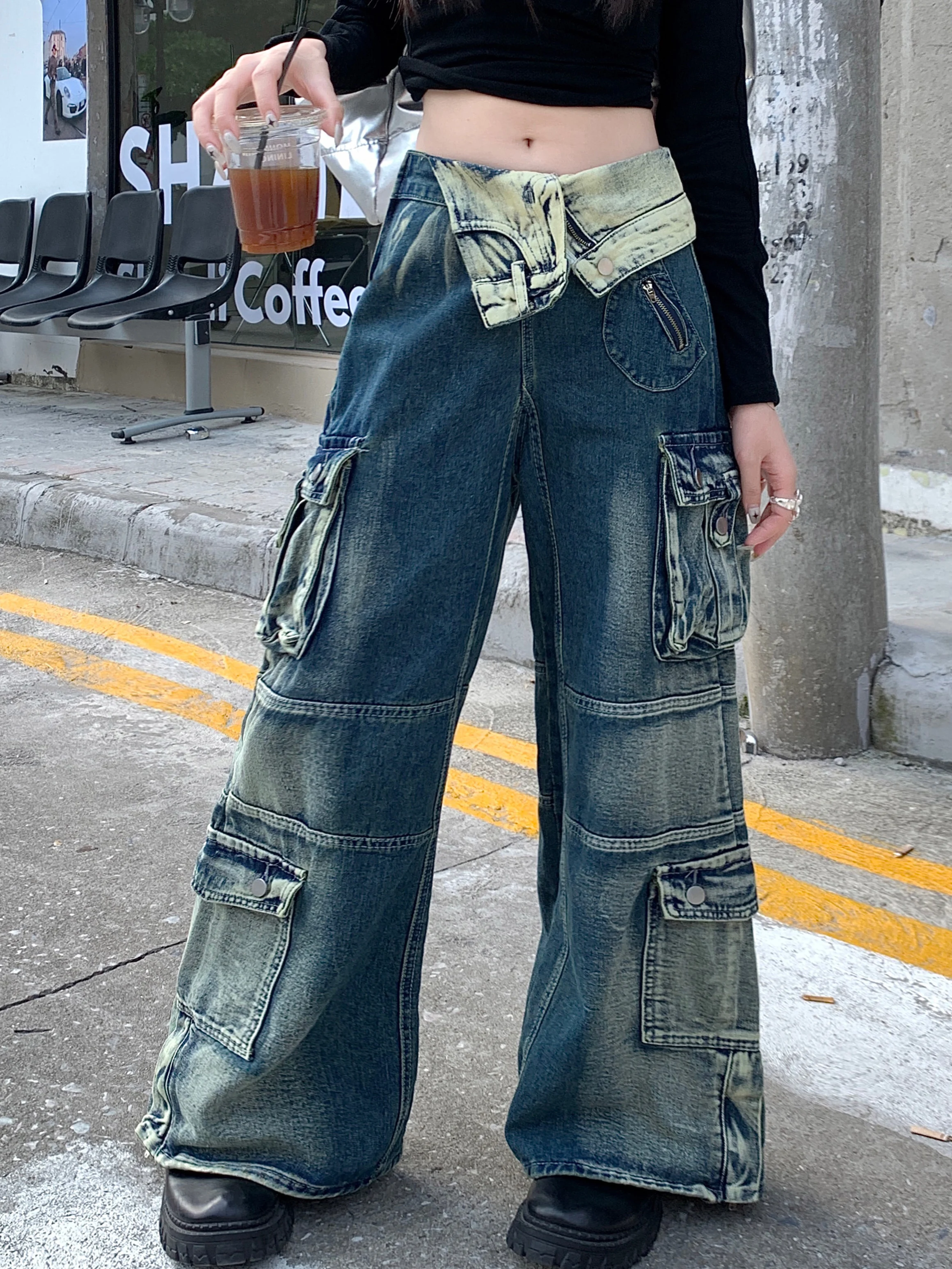 Women's American Retro 90S Spicy Girl Y2K Wash Multi Pocket Work Dress Jeans Blue Street Straight Tube Loose Wide Leg Pants