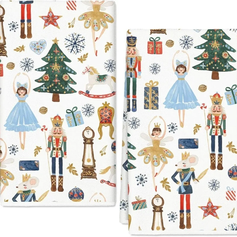 2pcs Kitchen Christmas Nutcracker Kitchen Dish Towel Cleaning Supplies Quick Drying Bar Hand Dishcloths Hand Towels Decor