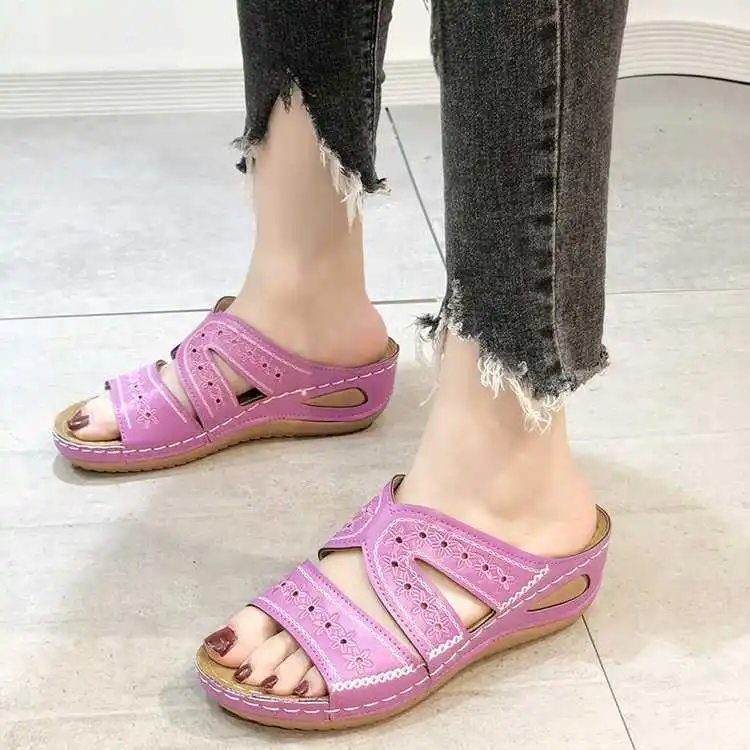Women's Wedge Sandals: Triple Sandels Straps W/ Lace Perforation & 5cm Wedge Sole - Accented Insole & Contrast Stitching