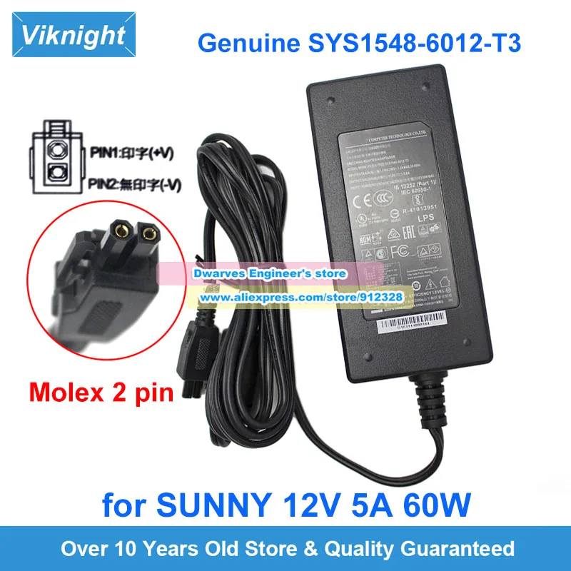 Genuine Sunny SYS1548-6012-T3 AC Adapter 12V 5A Charger for Dell SMA 200 Sonicwall TZ-600 APL30-0B8 Power Supply Molex 2 Pins