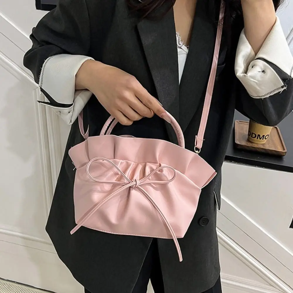 

Fashion Sweet PU Leather Shoulder Bag Elegant Pure Color Bowknot Crossbody Bag Large Capacity Ruffles French Handbag Lady/Girls