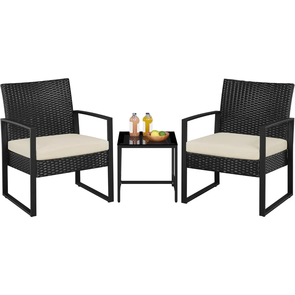 

3 Pieces Rattan Bistro Set, Outdoor Wicker Patio Modern Conversation Furniture, 2 Chairs & Tempered Glass Coffee Table for Gard