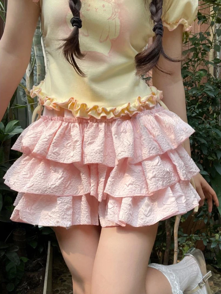 Kawaii Ruffles Ball Gown Women\'s Skirts Summer Three-dimensional Crumpling Fairy Y2k Aesthetic Skirt Fashion Streetwear Faldas