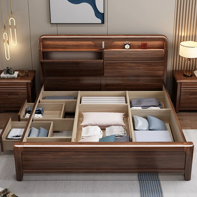 Walnut, charging, solid wood bed, master bedroom with light, storage, double bed