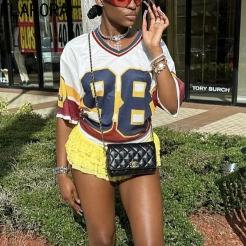 

Autumn Streetwear Classic Digital Jerseys Woman Casual V Neck Half Sleeve Tops Harajuku Baseball Tees