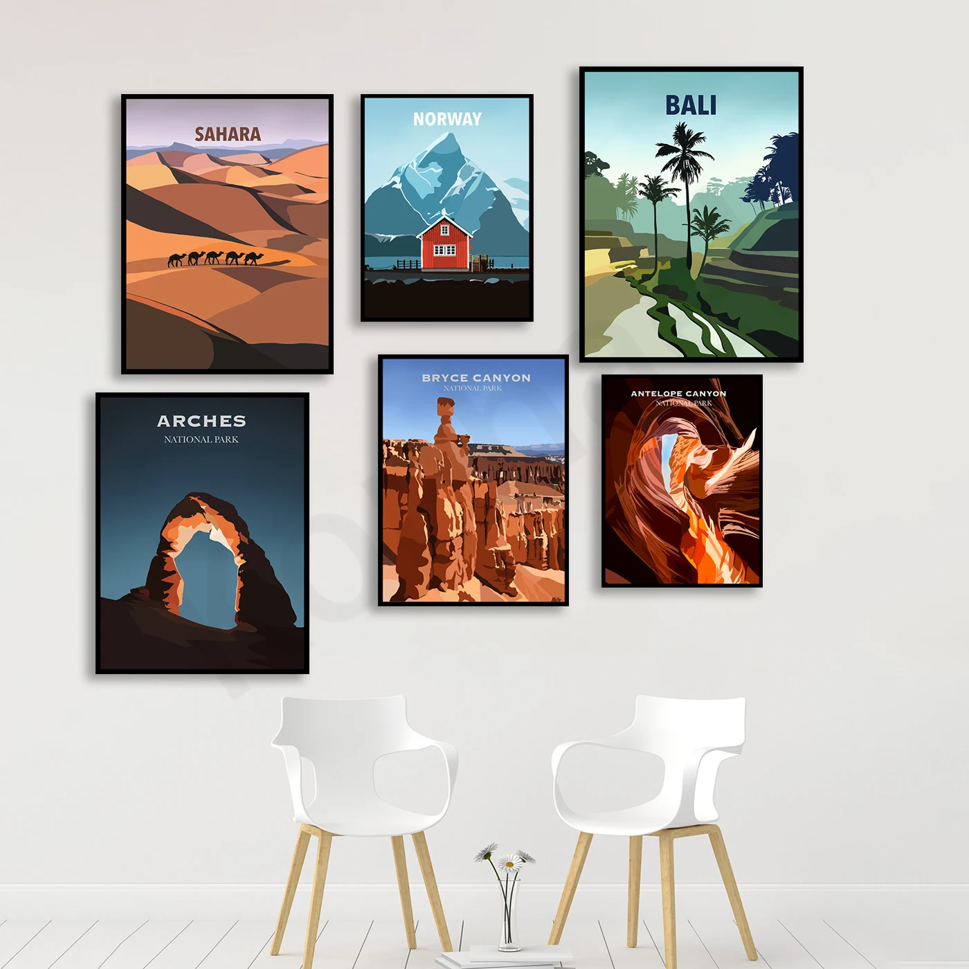 Teton, Bryce, Yellowstone, Arch, Norway, Bali, Namibia, Sahara. City Travel Scenery. Home Wall Decor Art Poster