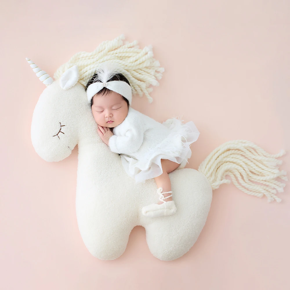 Newborn Photography Props Feather Headband+Knitted Baby Romper Unicorn Plush Toy Baby Posing Props Studio Infant Photo Supplies