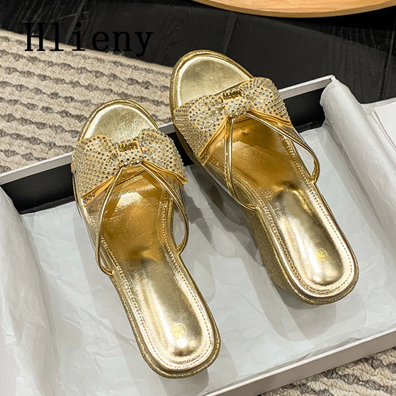 Hlieny 2024 Fashion New Crystal Bowknot Platform Wedge Slippers Women's High Heels Outdoor Open Toe Beach Casual Sandals Shoe