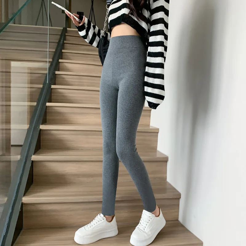 Ribbed Cotton Leggings Women Spring and Autumn Tights High Elastic Skinny Casual Pants Workout Walking Solid Leggings for Women