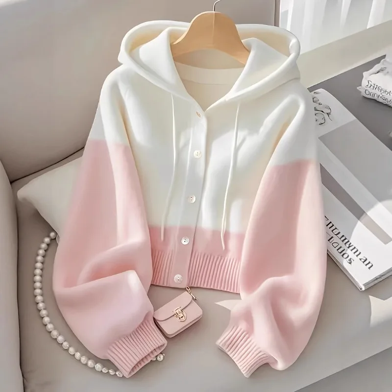 เสื้อคลุมคาร์ดิแกนไหมพรมแบบมีฮู้ดไล่สี เสื้อยืดแขนยาวลำลองแบบกระดุมแถวเดียวสำหรับผู้หญิง เสื้อฮู้ดมีเชือกผูก