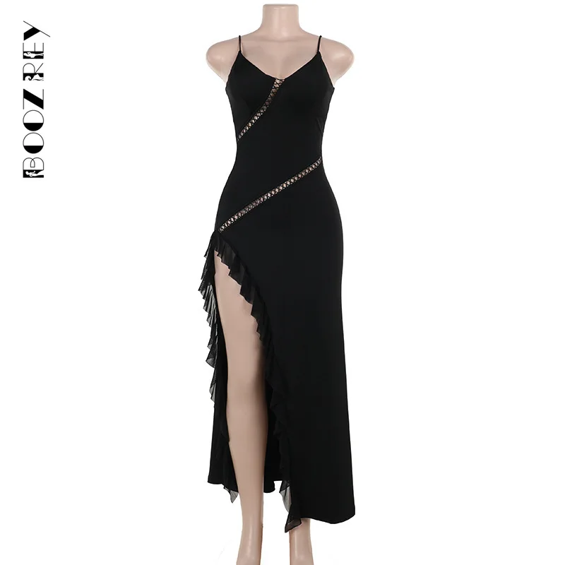 Boozrey 2024 Dames Zomer Sexy Bodycon Jurken Zwart Hoge Taille V-Hals Mouwloze Spaghetti Band Elegante Maxi Jurk