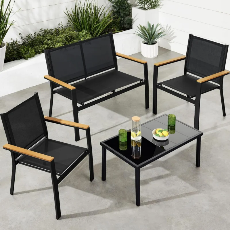 

Products 4-Piece Outdoor Textilene Patio Conversation Set, Backyard Furniture w/Loveseat, Coffee Table, Steel Frame