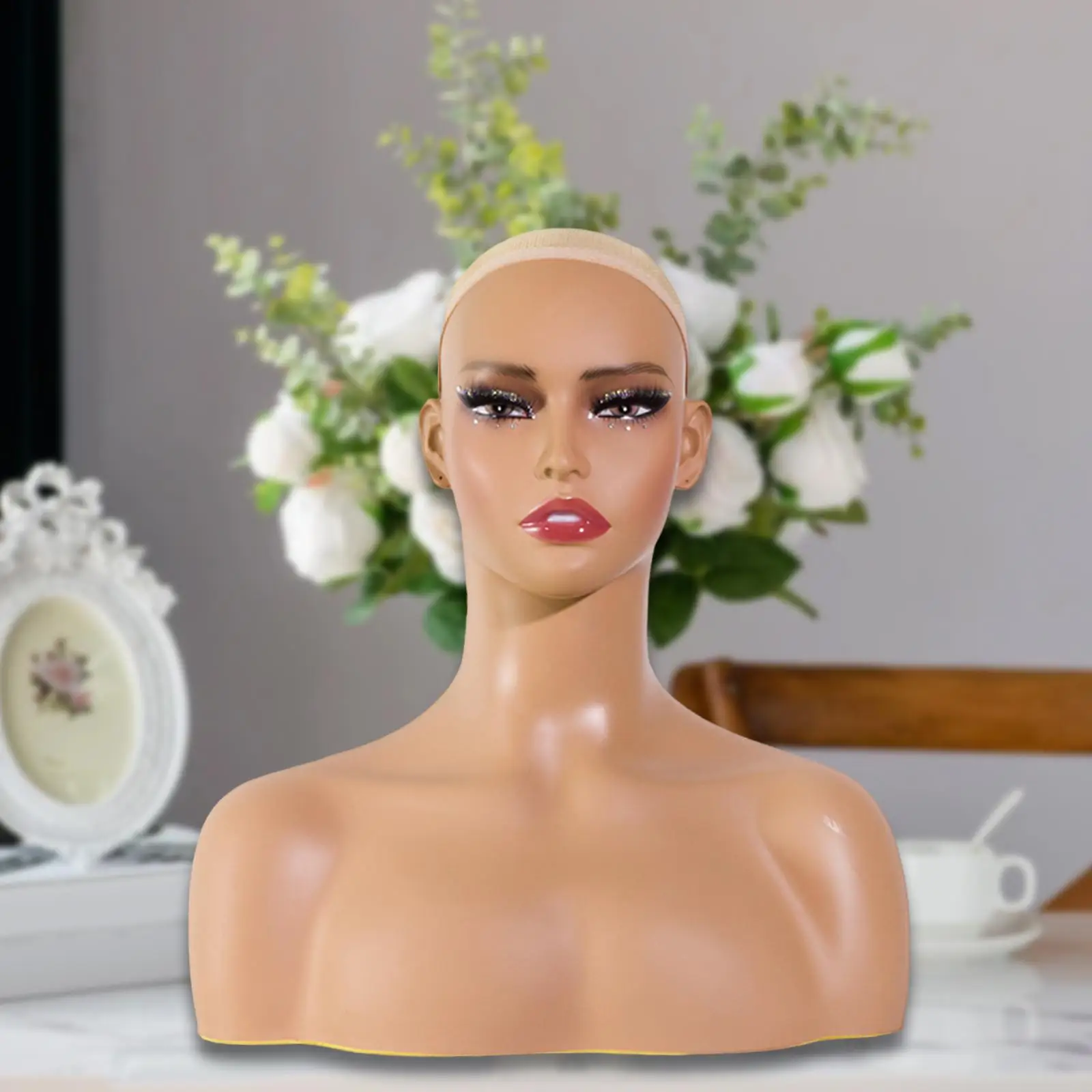 Makeup Mannequin Head with Wig Cap Headwear Display Props Model with Shoulder Manikin Head for Glasses Earrings Wig Headband Hat