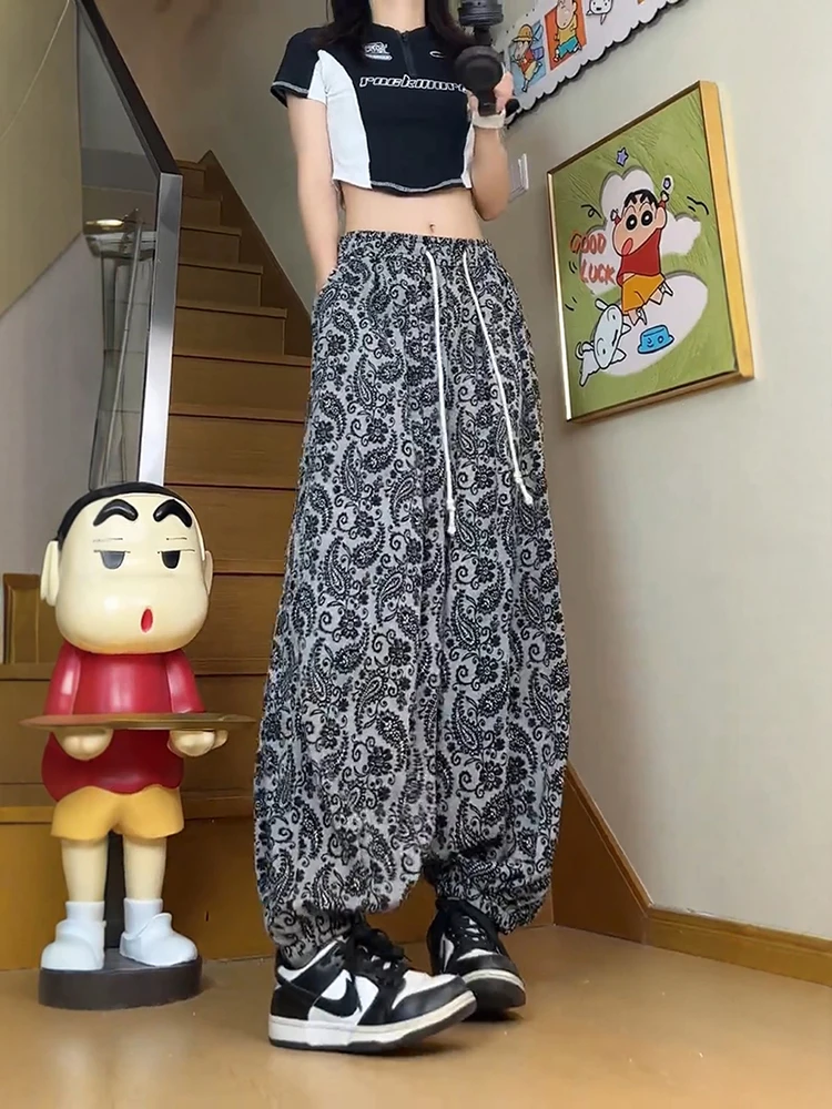 

Брюки из ледяного шелка с широкими штанинами и цветочным принтом Caew, свободные летние тонкие брюки с защитой от солнца и манжетами, пляжные брюки с цветочным принтом для мужчин A...