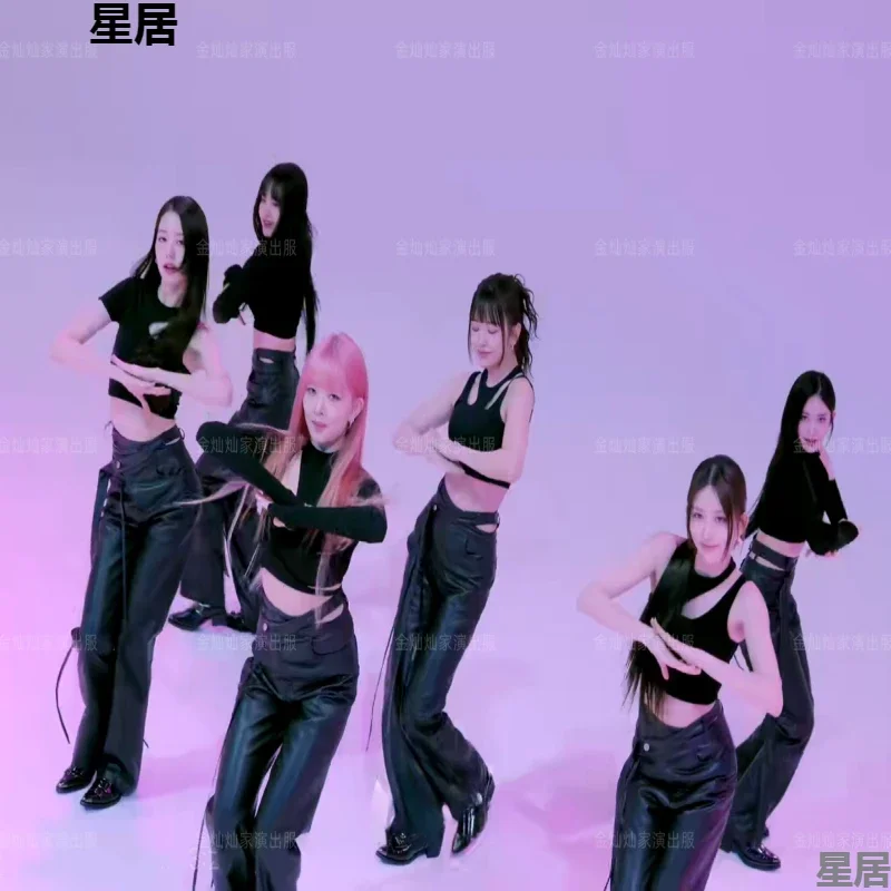 Kpop Women Group Street Dance T-shirt slim Crop Top Pantaloni in pelle Costume di scena Femal Festival Rave Wear Abiti da concerto sexy