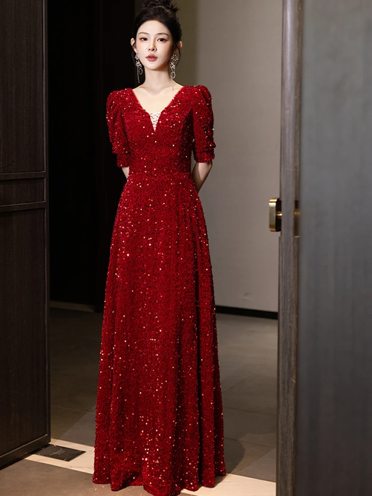 

Wine Red Fi Tail Wedding Dr Evening Gown for Bride High End Faionable Acrylic Diamond Decorated mid Waist Long Skirt