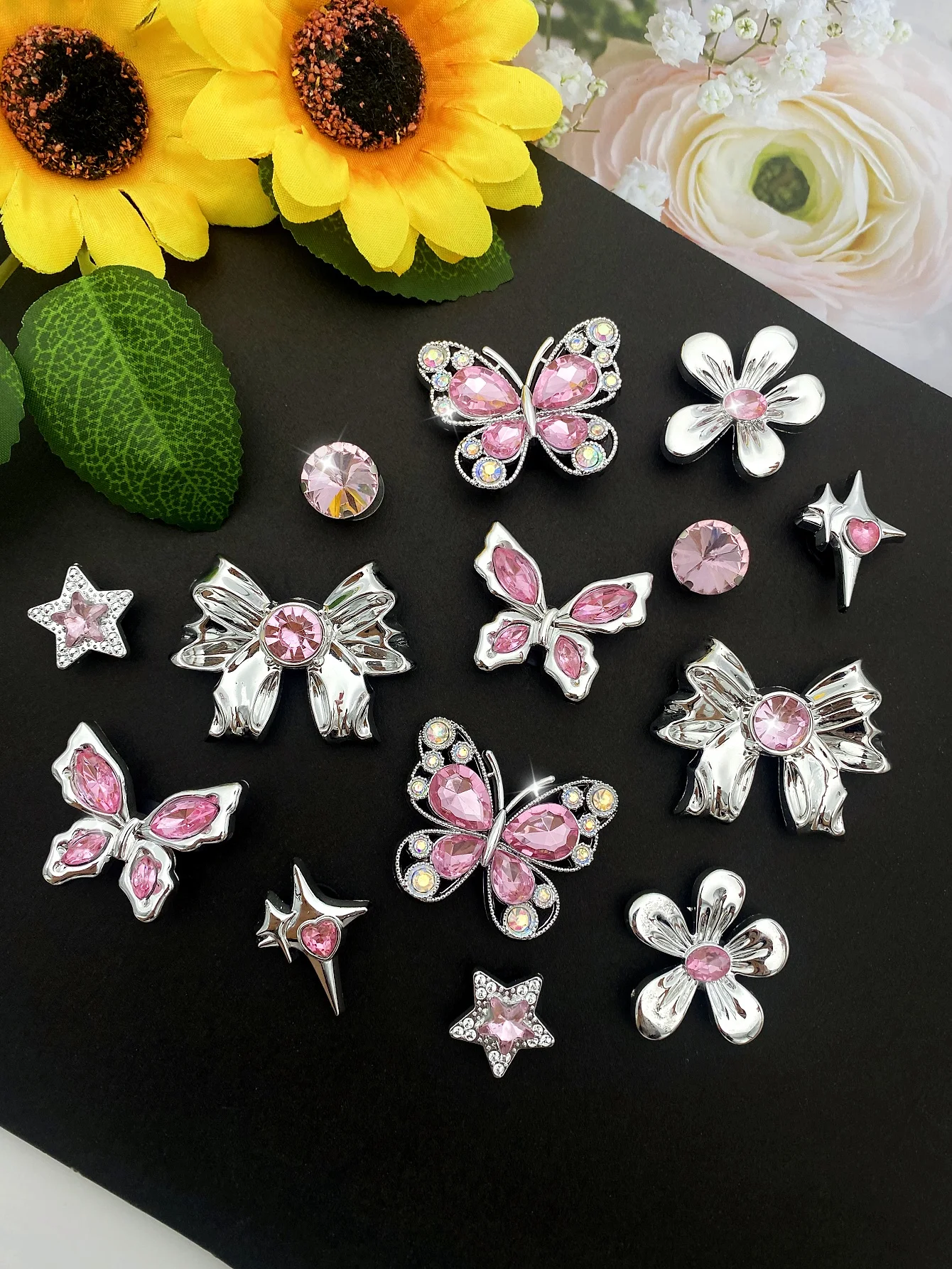 14 pieces of pink ABS diamond butterfly, flower, star, bow, five-pointed star shoe buckles, DIY decorations, multi-functional sh