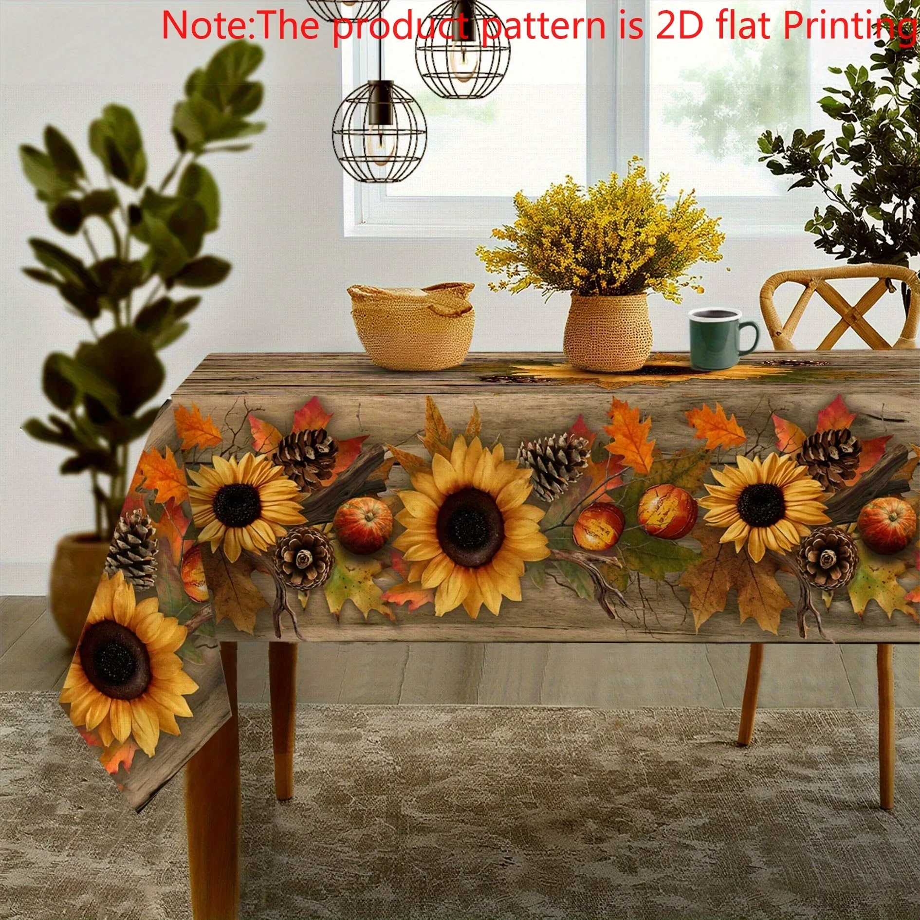 One vintage sunflower and pinecone tablecloth in a warm brown wood grain style, reminiscent of a rural farmhouse.xzj