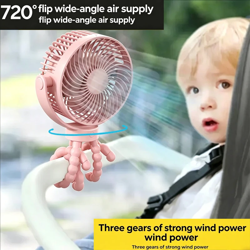 

Baby swivel stroller mini fan, three wind speeds, with light, portable USB rechargeable fan, phone holder, stroller accessories