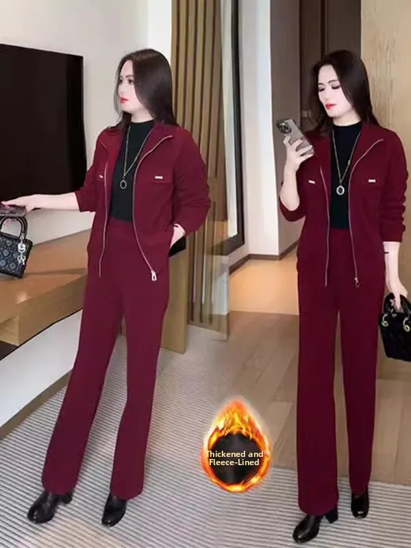 Fashionable Fleece Lined Casual Sports Set Women's Winter 2025 New Style Stand Collar Short Jacket Wide Leg Pants Two Piece Set