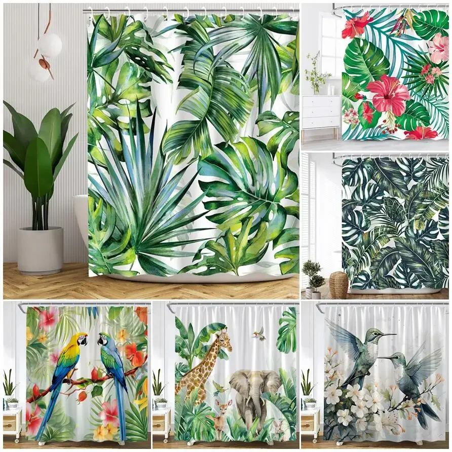 Tropical Leaves Shower Curtain Green Monstera Palm Leaf Parrot Jungle Animals Watercolour Art Cloth Bathroom Curtains Decoration