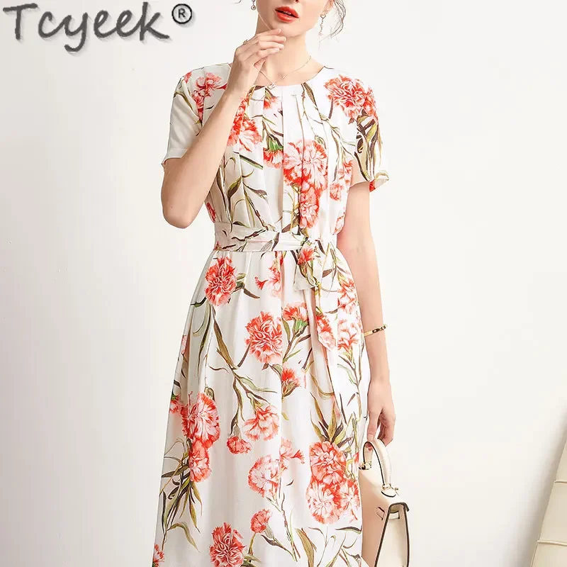 

Tcyeek 100% Real Mulberry Silk Dress Lady Elegant and Pretty Women's Dresses 2024 High-end Midi Dress Belt Spring Summer Clothes