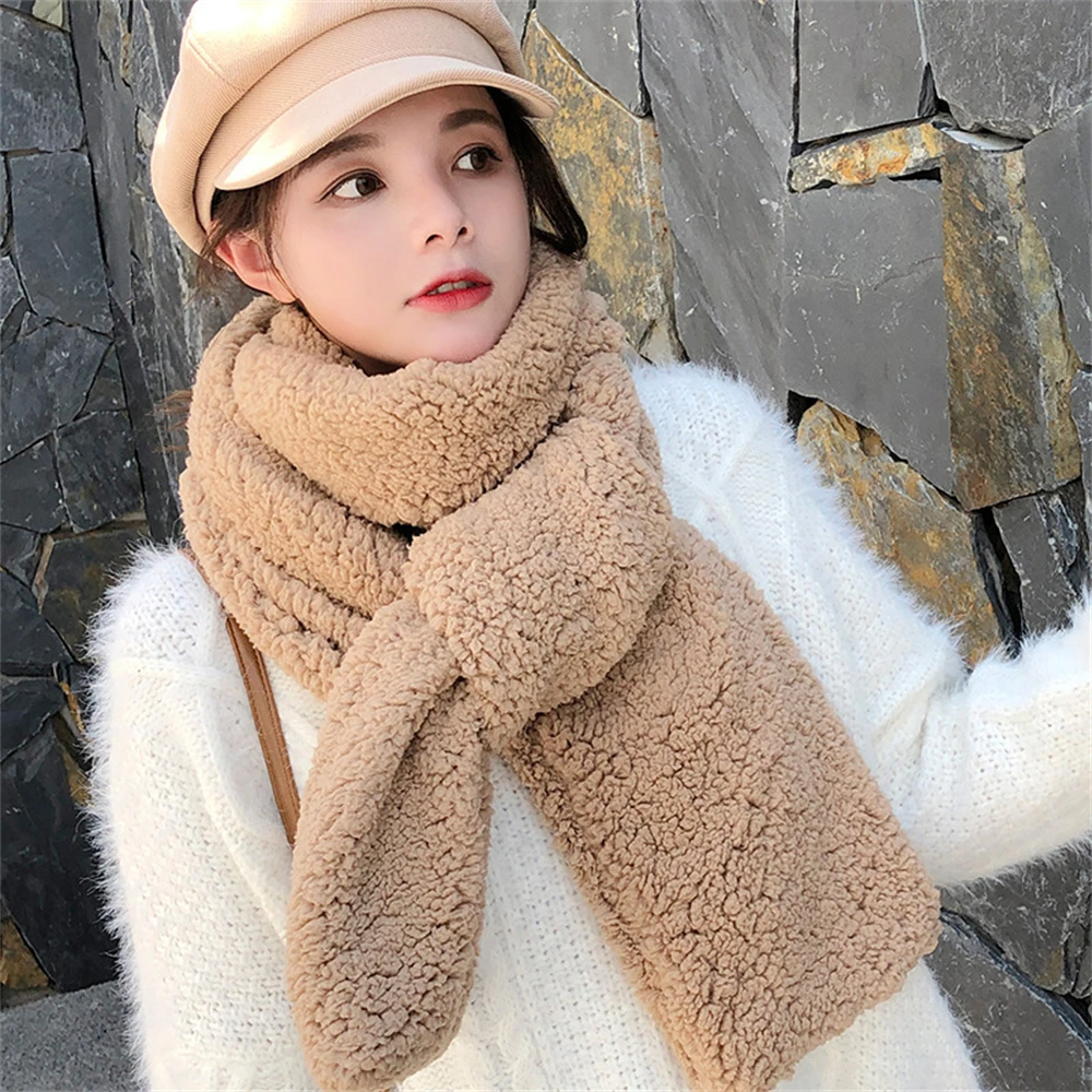 Christmas Red Scarf Korean Plush Lamb Wool Scarf Woman Winter Warm Neck Scarf Girls Cute Solid Fashion Bufanda Invierno Mujer