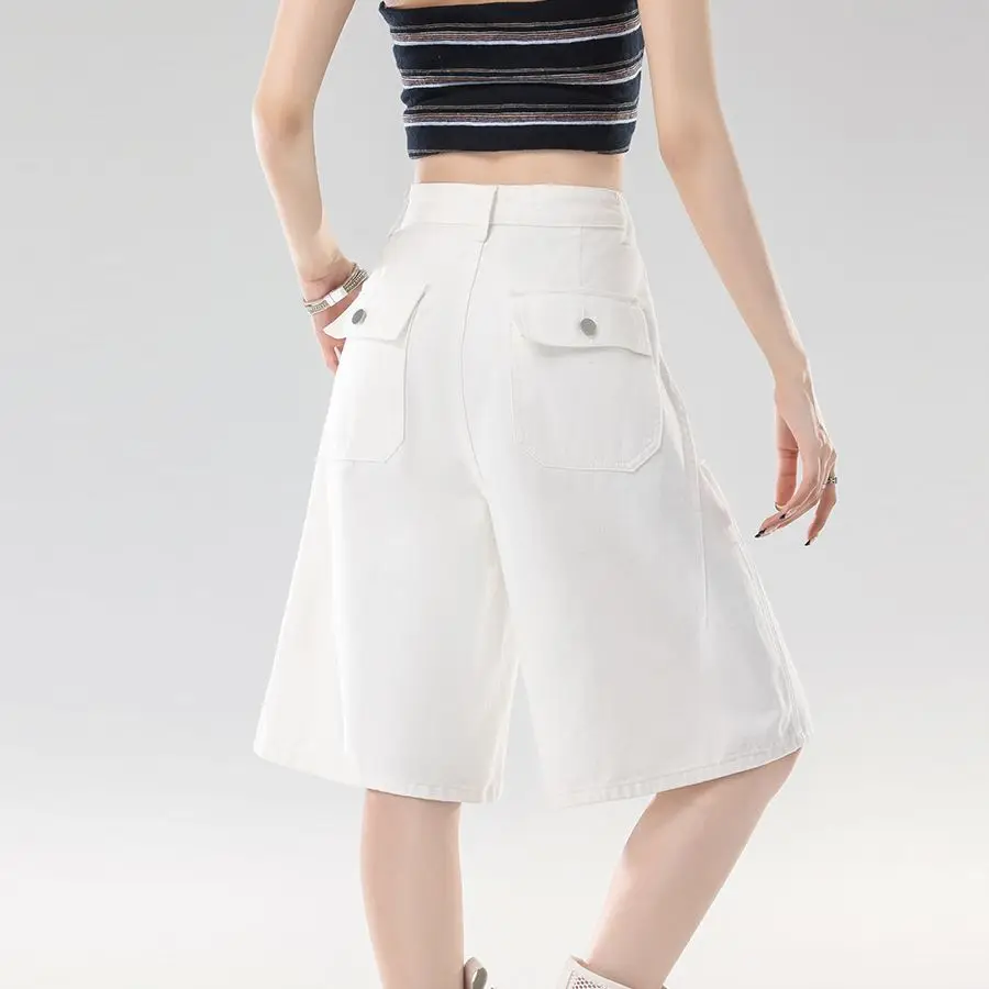 Women's Summer Thin White Distressed Wide Leg Denim Bermuda Shorts, High Waist Loose Straight Design Casual Outerwear Shorts