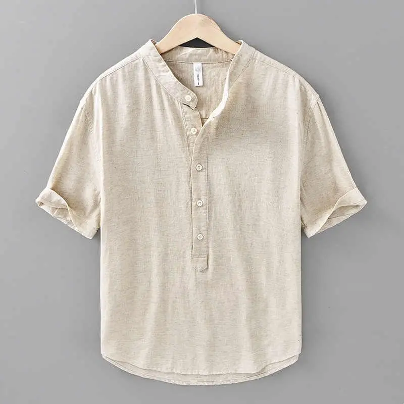 Cotton Linen Stand Collar Men's Short Sleeve Shirt Pull Thickened Fleece Autumn Winter Warm  Neck Design Inner Wear
