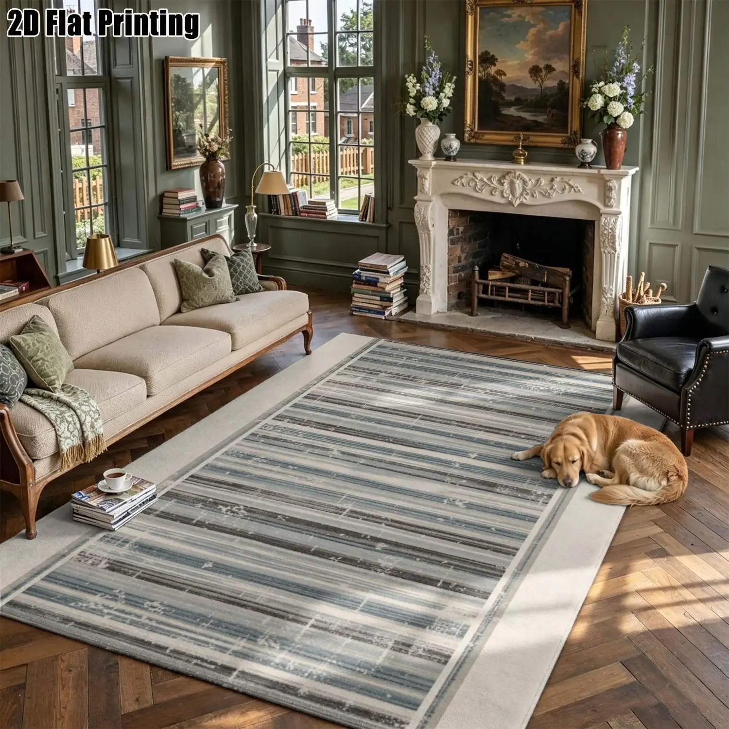 1Pc 2D Printed Blue-Grey Geometric Stripe Carpet Nordic, Modern Minimalist, Vintage, Instagram-Style Floor Mat for Home Decor, Multi-Size, Machine Washable, Suitable for Entrance, Living Room, Bedroom, Dining Room, Foyer.