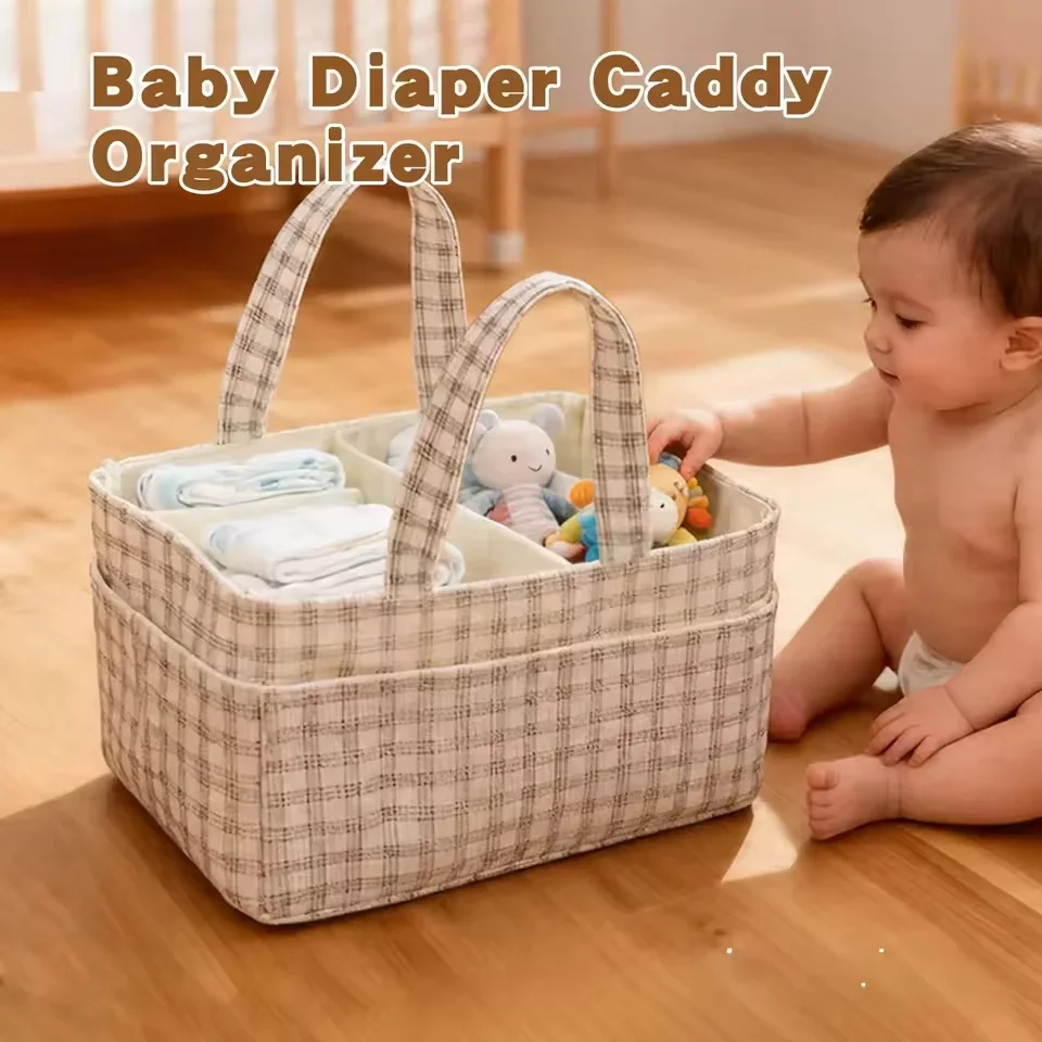 Portable Baby Diaper Caddy Organizer Soft Corduroy Storage Basket with Handle Foldable Multi-pocket Newborn Nappy Toy Organizer