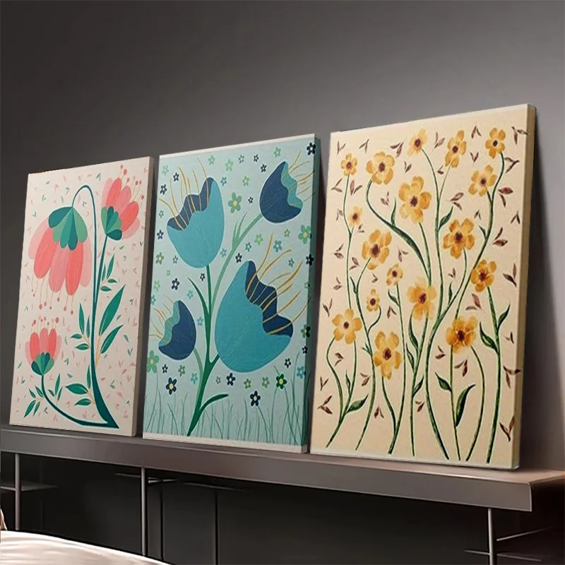 [اختيار شعبي] لوحة مطبوعة، مجموعة ملصقات سوق الزهور العتيقة مكونة من 3 قطع - طباعة فنية جدارية تجريدية ملونة لسوق الزهور، بسيطة