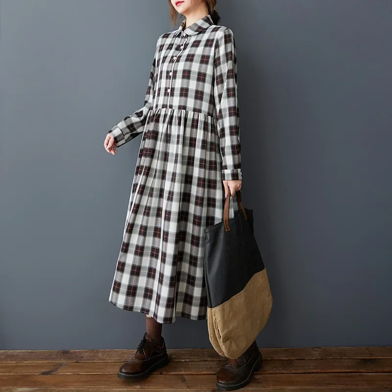 Vintage Plaid A-line Dress Women Long Sleeve Vintage Split Joint Midi Dress Ladies Loose Turn-down Collar Long Shirt Dress