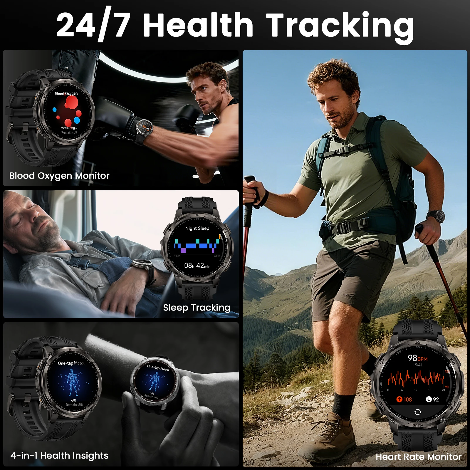 2026 KOSPET TANK T4C 5ATM Wodoodporny smartwatch dla mężczyzn Wytrzymała konstrukcja w stylu militarnym z GPS, wbudowaną latarką i monitorowaniem stanu zdrowia — zdjęcie produktu 4